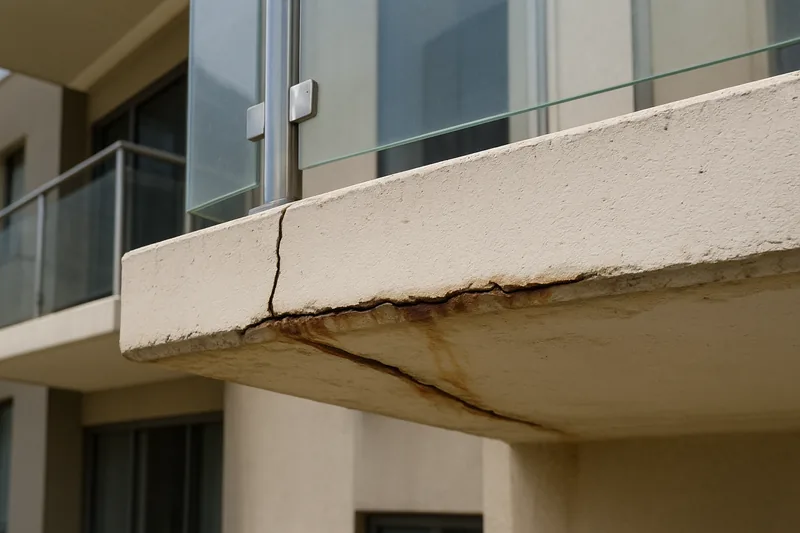 The front edge of an apartment balcony slab with a long crack and rust staining running down its face beneath a glass balustrade — balcony concrete cancer repair, Gold Coast. Illustrative example.