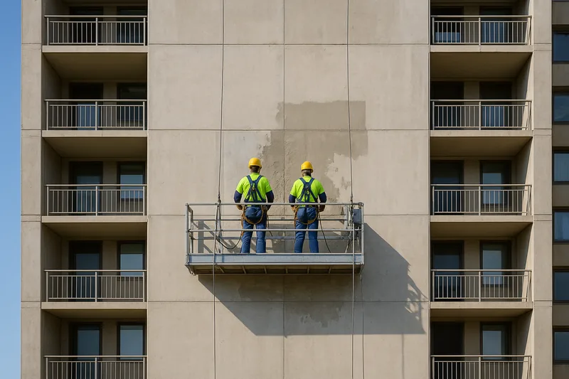 Two workers in helmets, hi-vis and harnesses seen from behind on a suspended platform against the face of a concrete apartment tower, with a lighter repaired patch on the wall — body corporate concrete repairs, Gold Coast. Illustrative example.