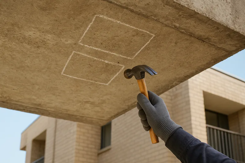 A gloved hand holding a hammer below a concrete balcony soffit that has two patches outlined in chalk — concrete cancer inspection, Gold Coast. Illustrative example.