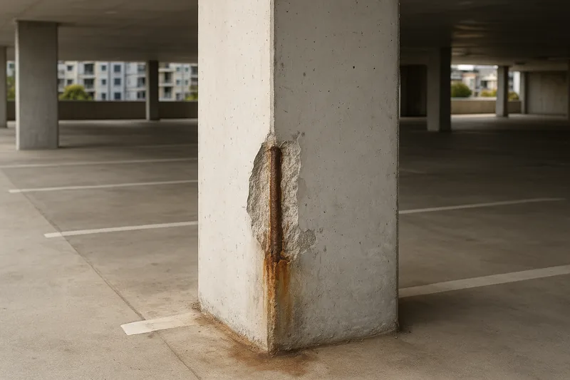 The corner of a concrete car park column broken away with a rusted vertical bar exposed and rust staining running down to the floor — spalling and exposed reinforcement, Gold Coast. Illustrative example.