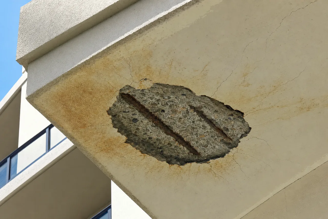 The underside of a concrete apartment balcony with a patch of concrete broken away and two rusted reinforcing bars exposed, rust staining on the cream paint around it — concrete cancer repair, Gold Coast. Illustrative example.